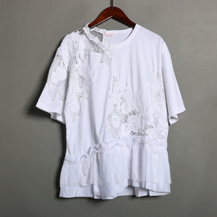宽松休闲百搭设计感短袖 上衣韩版 白色T恤 镂空蕾丝女装 2026年夏季