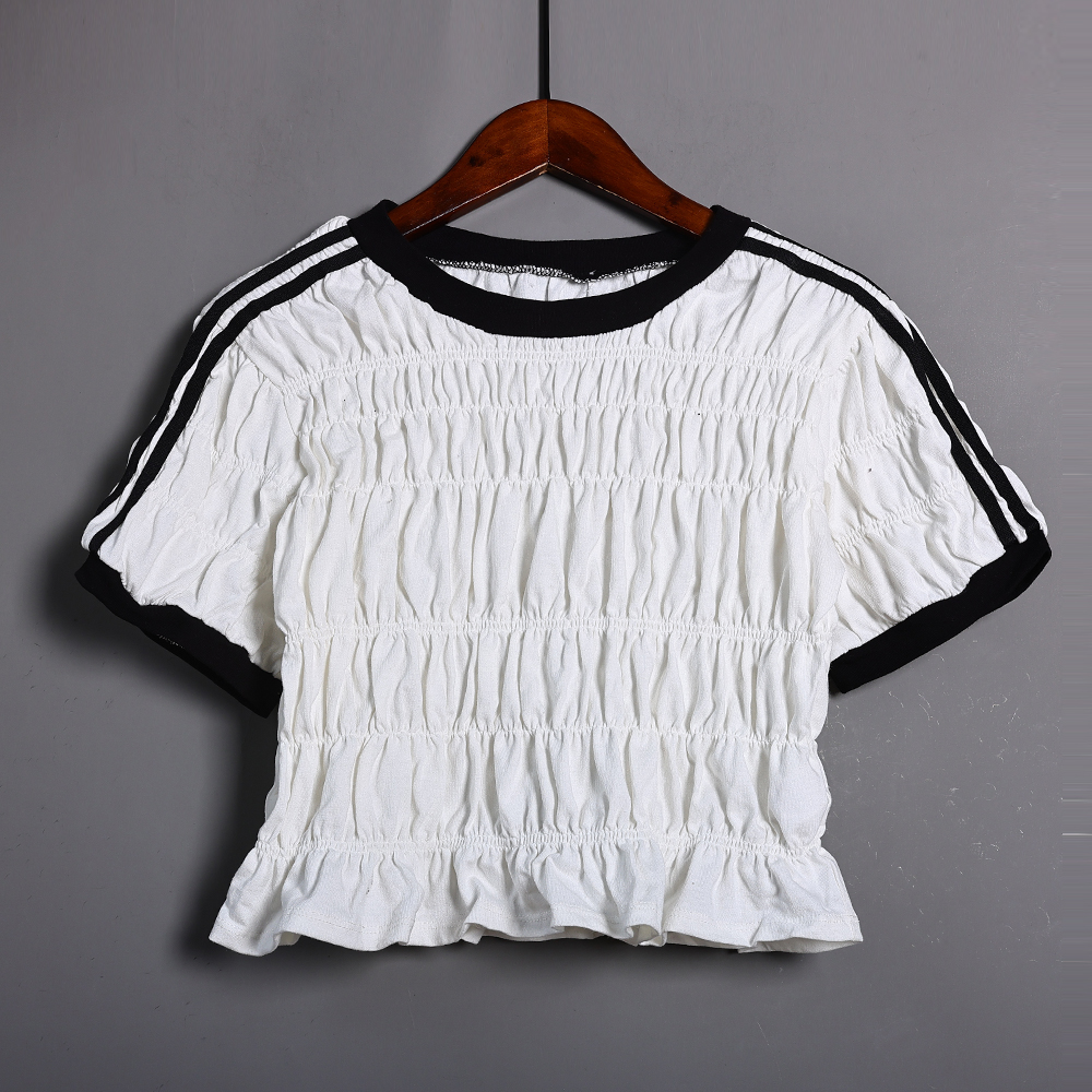 2025秋季日系女装运动风褶皱设计短袖弹力T恤修身显瘦条纹上衣