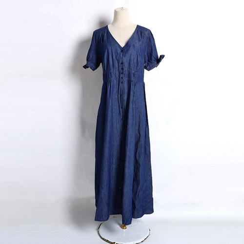 牛仔连衣裙夏季V领单排扣时尚纯色宽松时尚显瘦百搭长款大摆裙潮