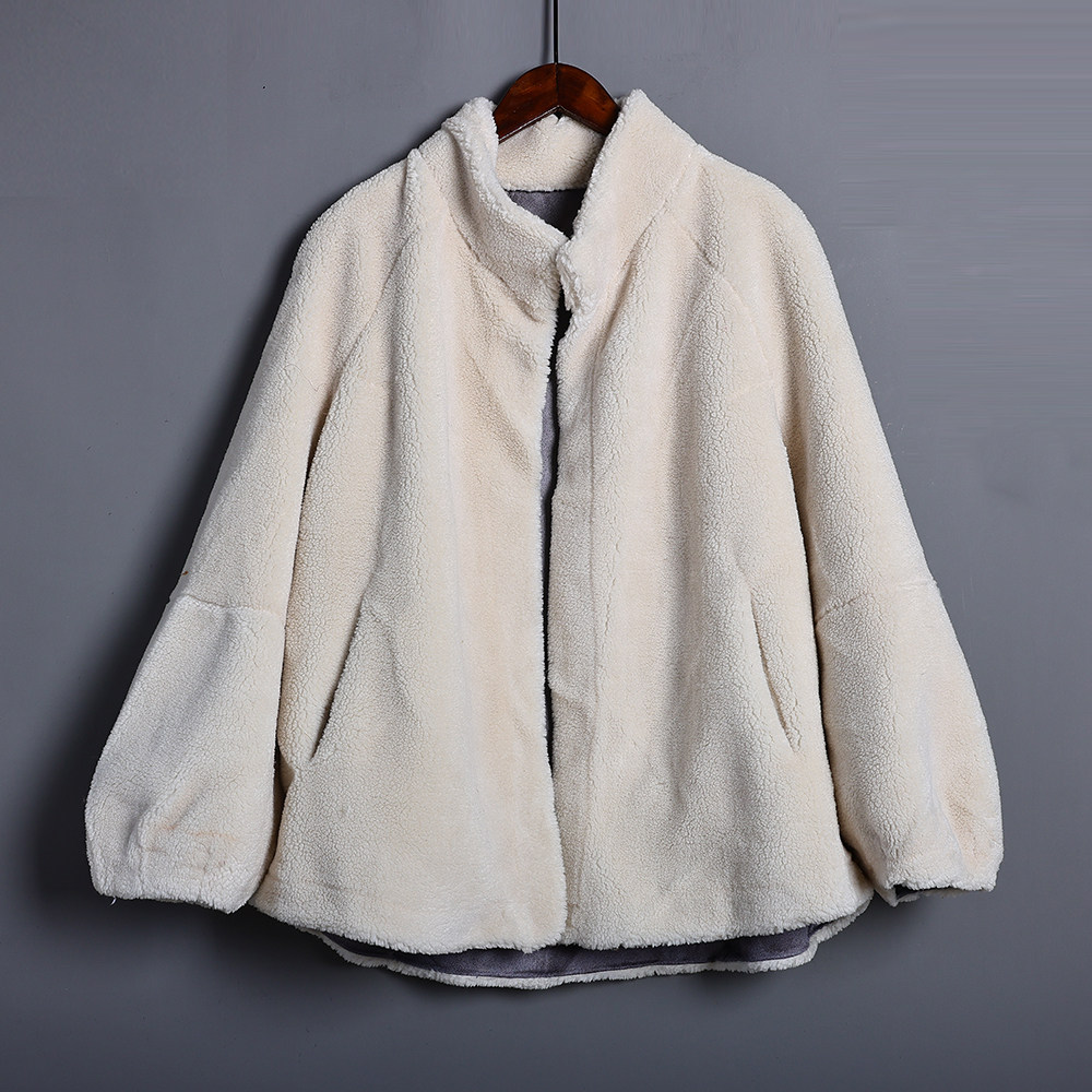 颗粒绒短款灯笼袖仿皮草大衣2025秋冬季无扣宽松羊羔毛毛保暖大衣