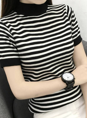 半高领条纹t恤女修身显瘦百搭短袖上衣针织衫新款时尚打底衫洋气