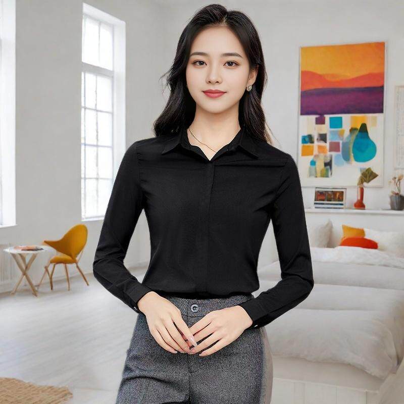 秋季暗门襟长袖衬衫女商务休闲职业工装黑色衬衣西装打底衫防走光