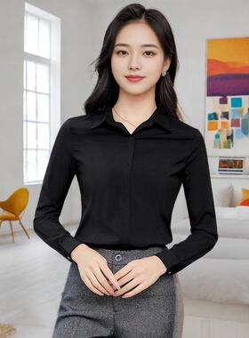 秋季暗门襟长袖衬衫女商务休闲职业工装黑色衬衣西装打底衫防走光