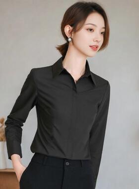 韩版职业衬衫女士长袖工作服高级感黑色衬衣修身工装时尚气质上衣