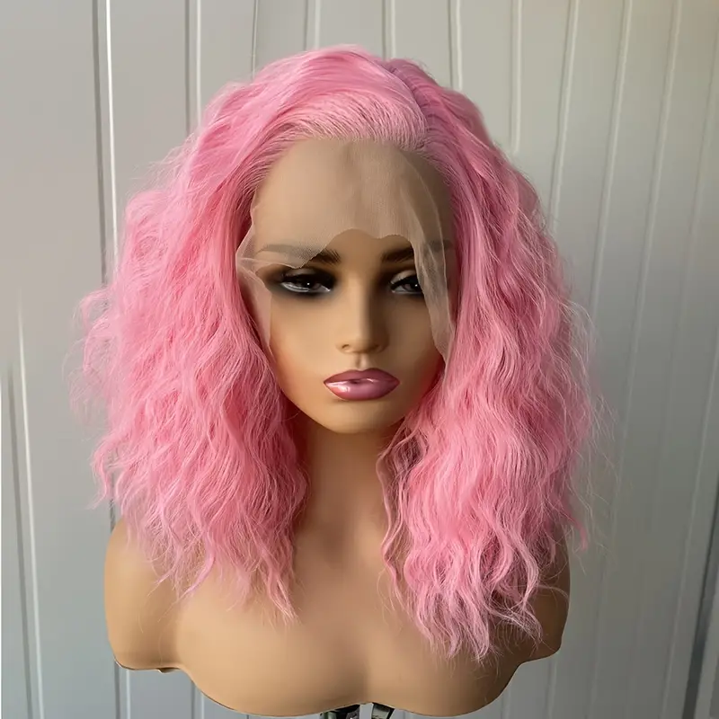 粉色小卷curly女士前蕾丝手勾化纤整顶假发全头套哑光高温丝wigs
