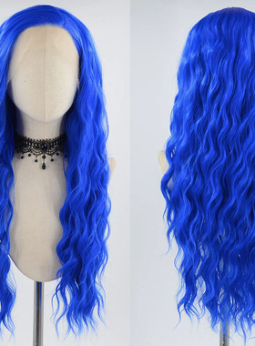 蓝色长卷发女士前蕾丝手勾化纤整顶假发全头套哑光高温丝wigs