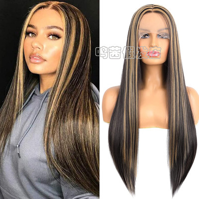 欧美假发女前蕾丝手勾高温丝亚麻金棕色中长直发任意分缝 LaceWig