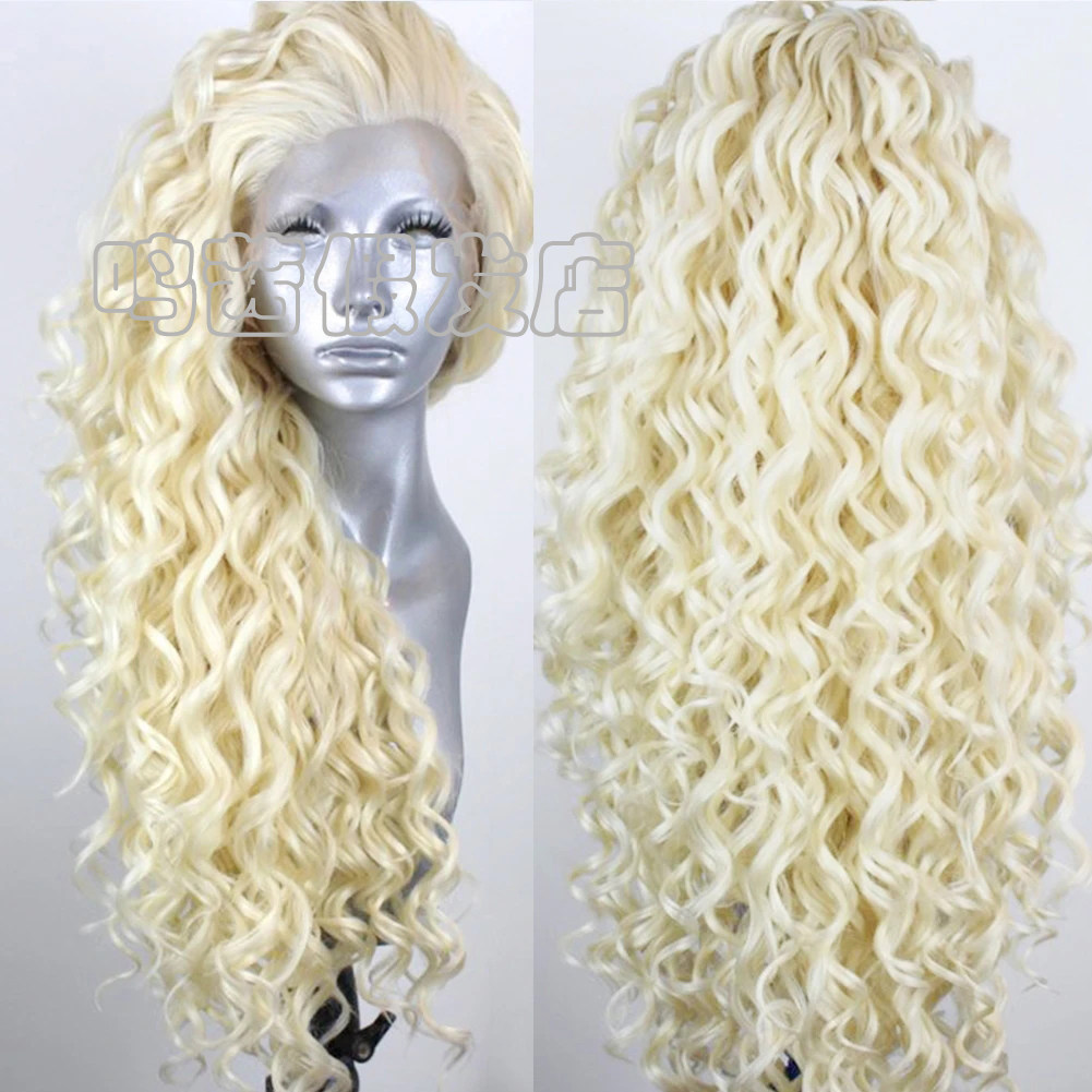 613金前蕾丝化纤手勾小卷整顶假发头套高温丝 Curly lace wigs