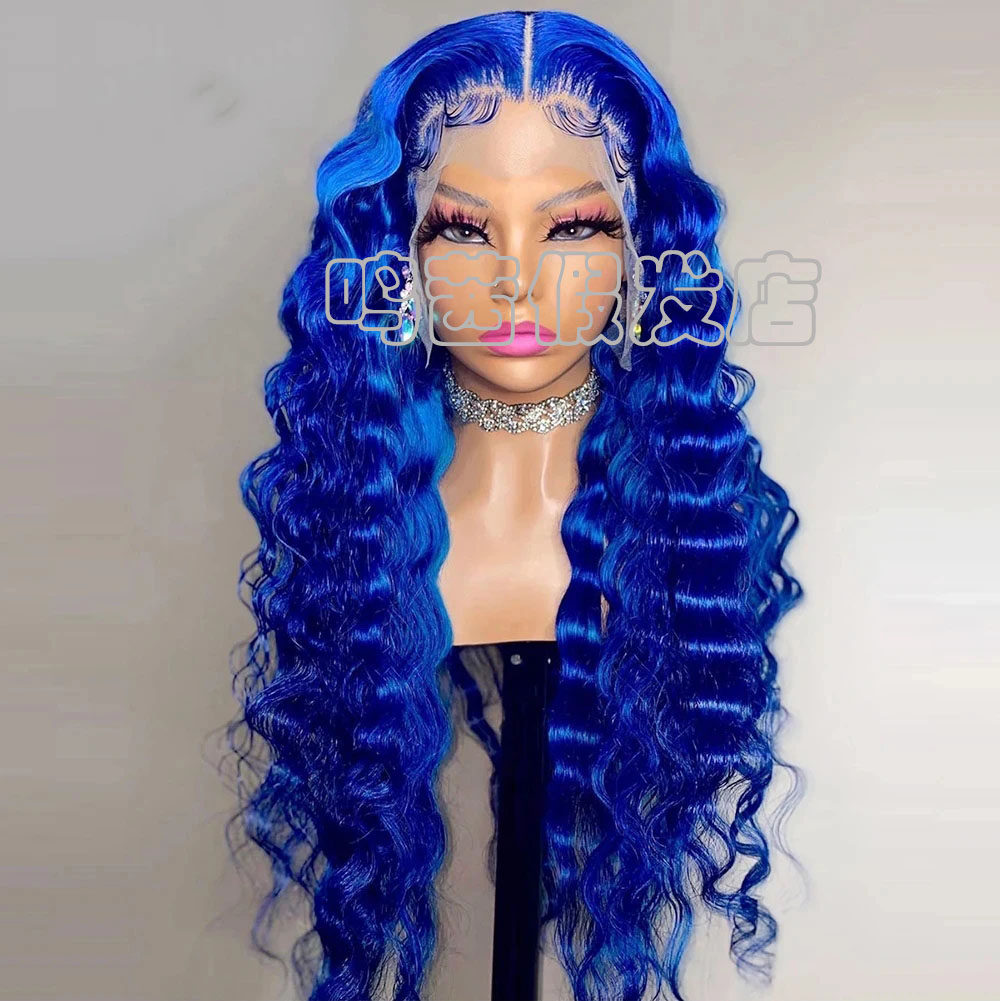 蓝色前蕾丝化纤假发头套deep Wave synthetic lace front wig COS