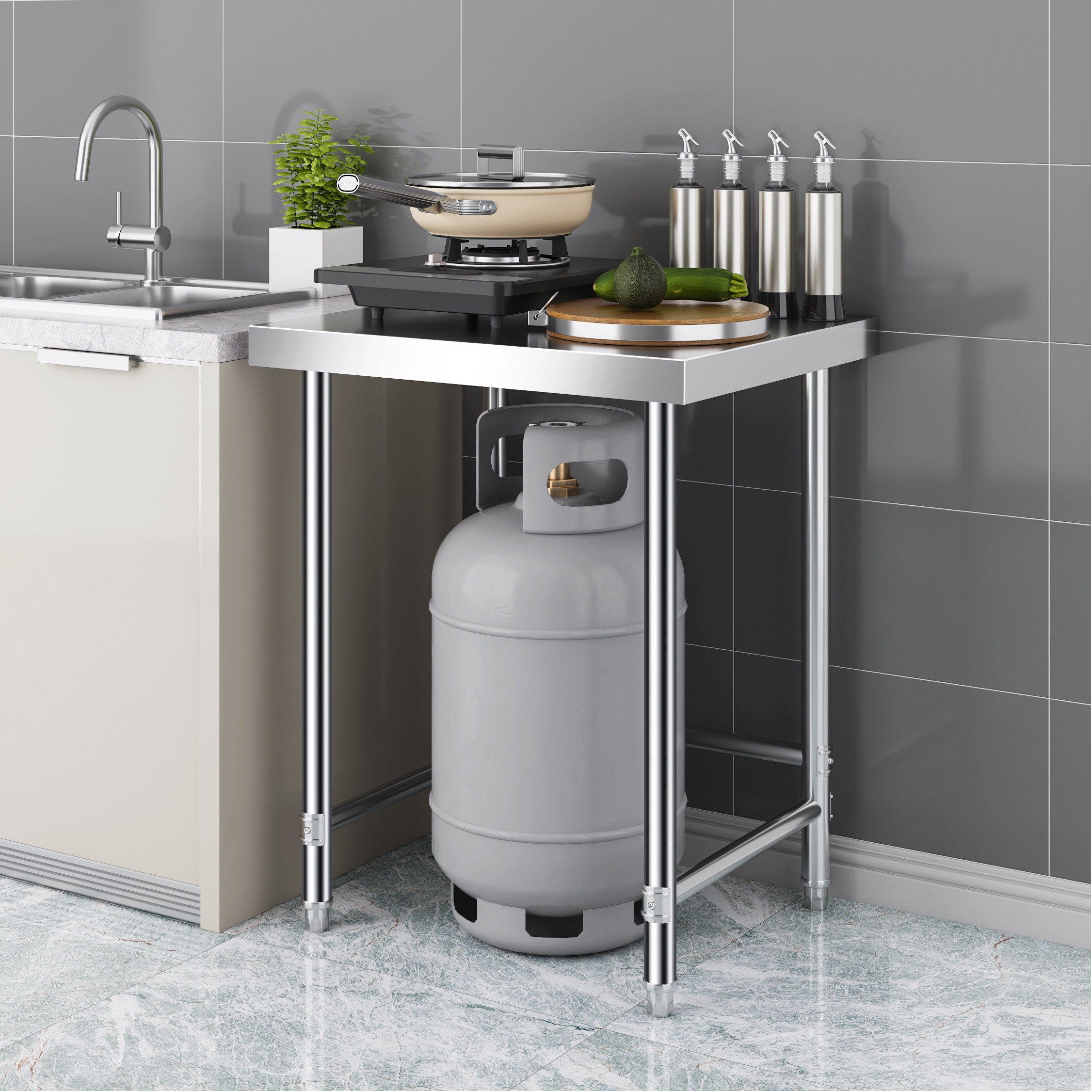 加厚不锈钢工作台切菜桌一层放煤气罐灶台收纳防潮地台支架子定做