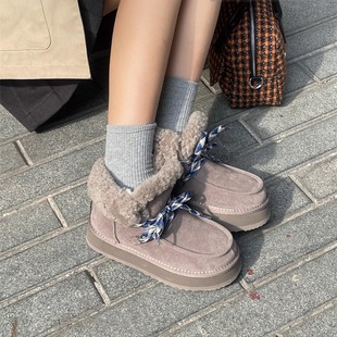 澳洲EVERAU增高防水台羊毛内里保暖系带4CM厚底翻毛雪地靴UEA3011