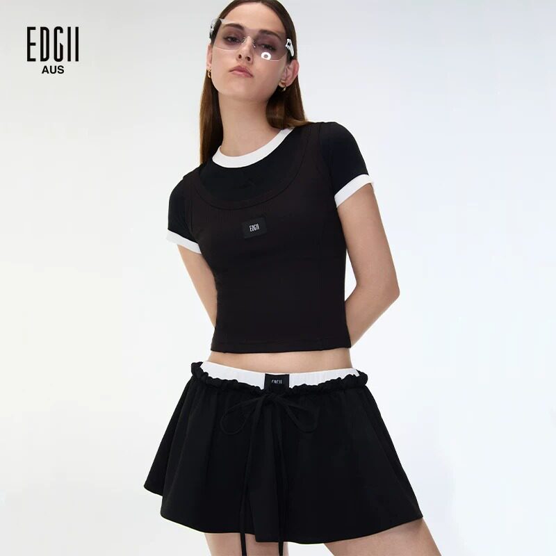EDGII假两件撞色领短袖T恤女夏短款修身设计感小众上衣
