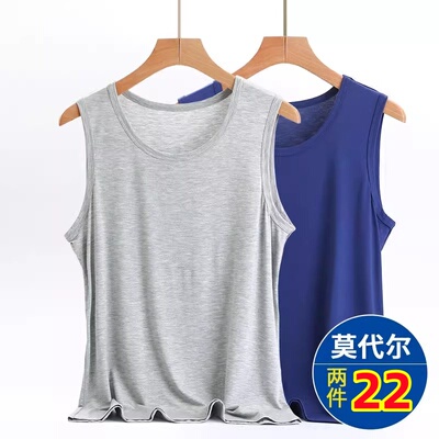 爸爸夏装无袖t恤莫代尔背心中老年打底衫圆领坎肩纯色老头汗衫男