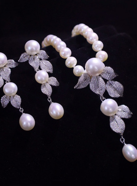 树叶花朵耳环新娘短款淡水珍珠