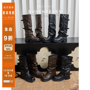 柒步森林皮带扣机车风裤 管高筒骑士靴子女不过膝长靴秋冬2025新款