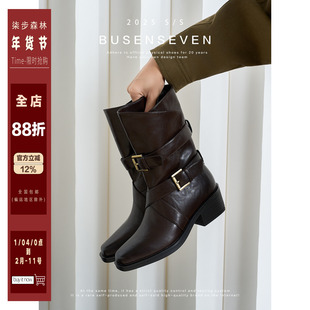 柒步森林高跟绑带搭扣机车中筒短靴时尚气质时装马丁靴子女秋新款