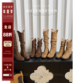 柒步森林废土风V口高筒堆堆靴骑士靴子女2025秋冬季 新款 西部长靴