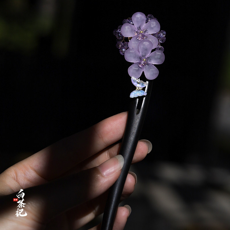 女超仙拍照旗袍配饰后脑勺串珠黑檀木簪步摇花朵盘发簪子高级感