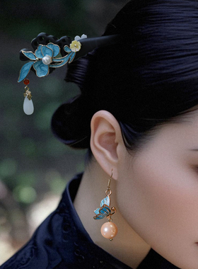 烧蓝流苏高级感黑檀木玄学发簪新中式挽发古装发钗女步摇木簪子