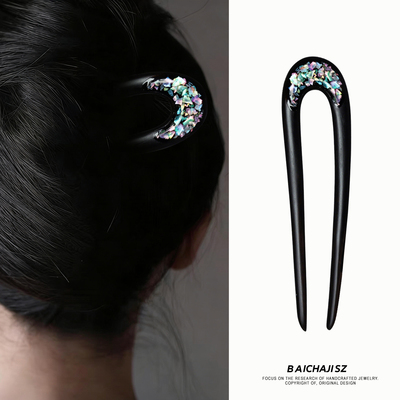 古风新中式U型双钗螺钿贝壳发簪