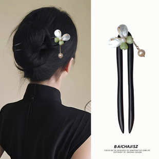 复古国风黑檀木珍珠花朵发簪女小众U型盘发簪子发钗