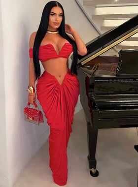 Sexy Party Night Ruched Maxi Dress Sets for Women Two Piece