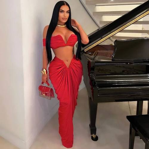 Sexy Party Night Ruched Maxi Dress Sets for Women Two Piece
