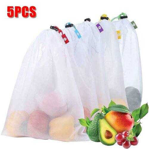 5pcs Fruit Vegetable Storage Mesh Bags Reusable Net Bags Kit