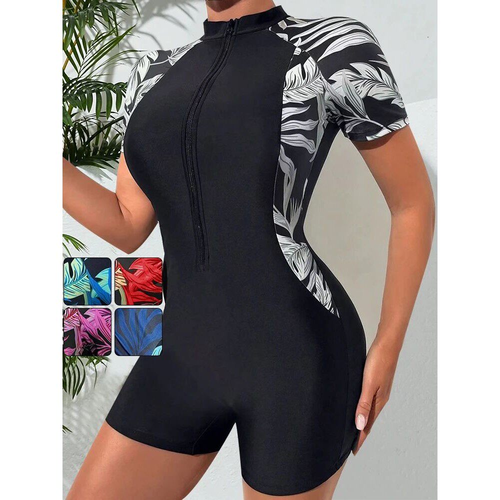 One Piece Floral Swimwear Swim Suit Women Short Sleeve Swims