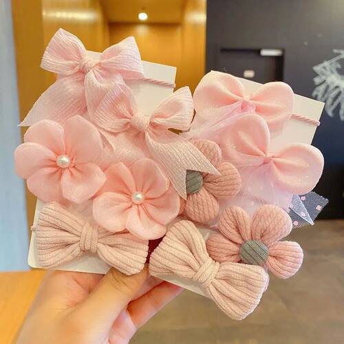 10Pcs/Set Cute Pink Bow Flower Hairbands Elastic Hairbands