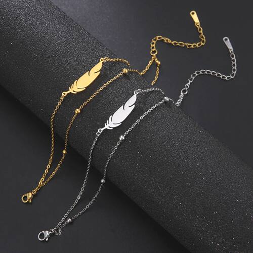 Simple Feather Stainless Steel Double Layer Bead Chain Ankle