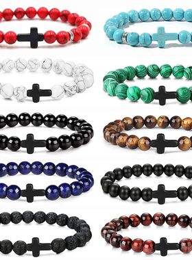 Prayer Men Natural Stone Wood Beads Rosary Hematite Cross