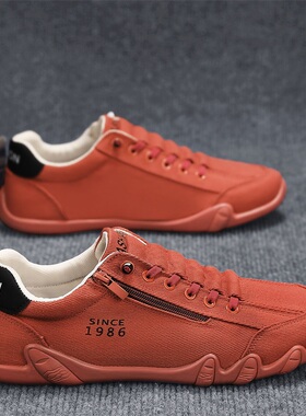 红色帆布鞋男款2026新款侧拉链平板鞋夏季男士一脚蹬运动休闲男鞋