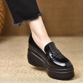 金特 一脚蹬 防水台坡跟高跟鞋 百丽黑色圆头深口单鞋 女厚底松糕鞋