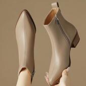 金特 百丽软皮尖头短靴女中跟百搭马丁靴粗跟真皮加绒踝靴棉靴子