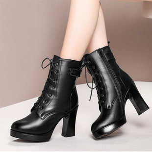 百丽 真皮高跟马丁靴女短靴粗跟单靴加绒中筒靴棉靴 班尼女靴冬季