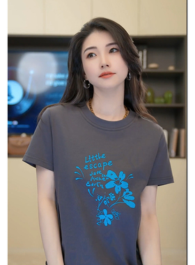 小乖逃蓝色花朵灰色T恤圆领显瘦休闲时尚M8396