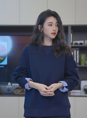 小乖逃单件藏蓝卫衣 拼接假两件  百搭休闲 净色版Q6600