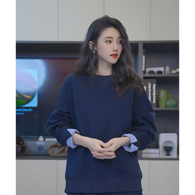 小乖逃单件藏蓝卫衣 拼接假两件  百搭休闲 净色版Q6600