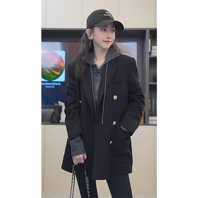 高级灰轻奢款灰色西装经典设计师翻领秋冬复古双排扣宽肩西服863