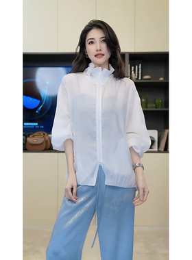立领白色外套 抽绳白色防晒醋酸外套 双口袋白色短外套  S25286