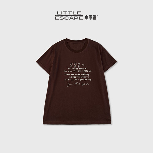 小乖逃JX复古深咖色字母印花短袖T恤休闲宽松圆领百搭上衣S26334