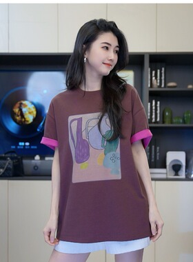 小乖逃X双色军绿色T恤花瓶翻袖咖色T恤撞色上衣 M8679