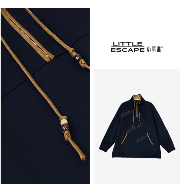 小乖逃蓝色卫衣高领半拉链咖色斜口袋焦糖双抽绳宽松秋冬款M9732
