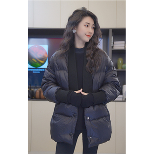 轻奢95白鹅绒有配腰带V领羽绒黑色羽绒服保暖轻盈冬季百搭231096