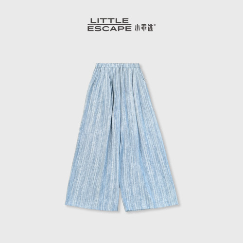 小乖逃JX蓝色肌理阔腿裤高腰松紧腰宽松显瘦不挑身材百搭M6228