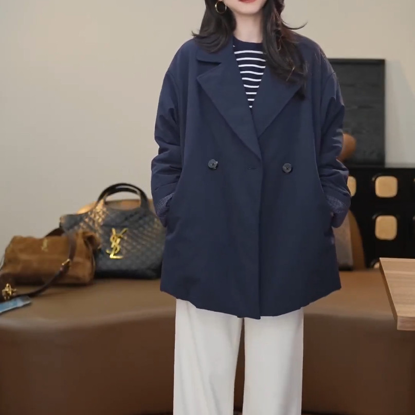 小乖逃休闲时尚藏蓝棉服外套ET绒袖子蓝格秋冬宽松百搭款N95302