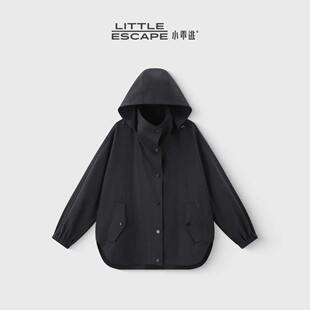 小乖逃黑色立领连帽风衣早秋宽松廓形按扣泡泡袖外套M6355