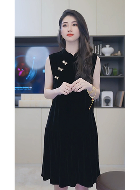 小乖逃D时尚黑色连衣裙无袖丝绒连衣裙轻奢休闲夏季S25498