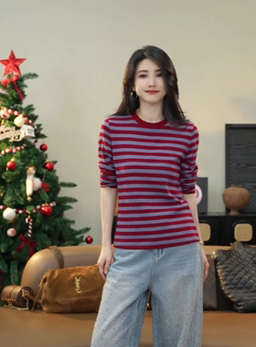 小乖逃休闲时尚红色条纹拼蓝色长袖百搭款TS8218